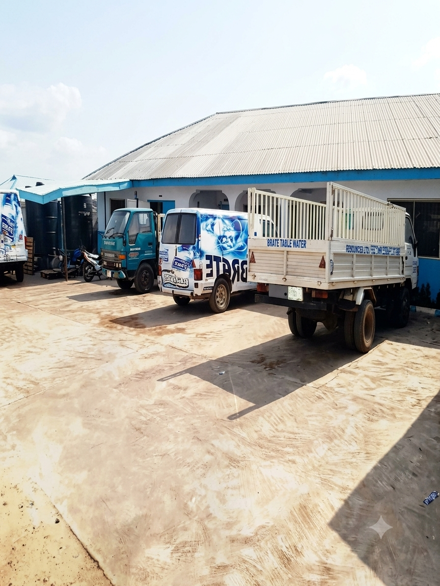 The Brate Table Water facility in Ilorin with three branded delivery vehicles parked in the yard